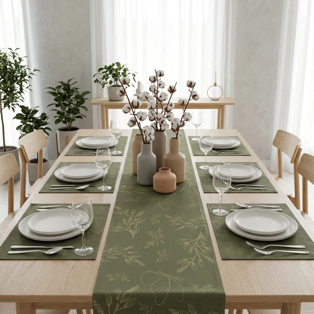 Dining table set with green tablecloth, white plates, and decorative vases in a bright room.