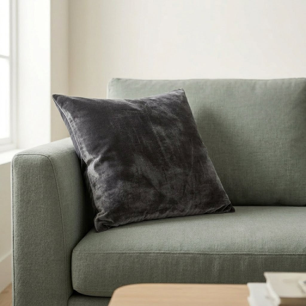 Gray cushion on a green sofa in a living room setting