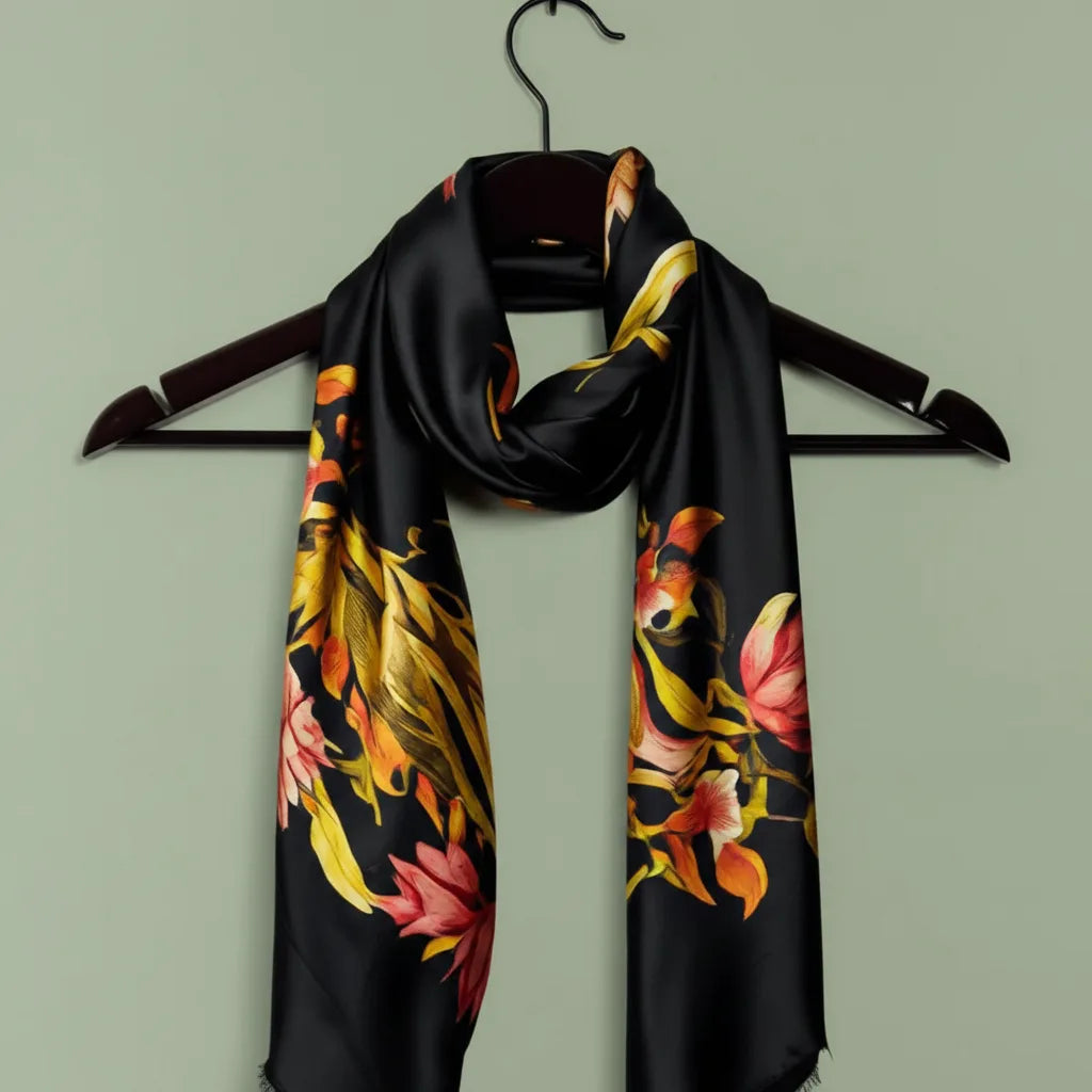 Black Silk Floral Scarf Silk Scarf